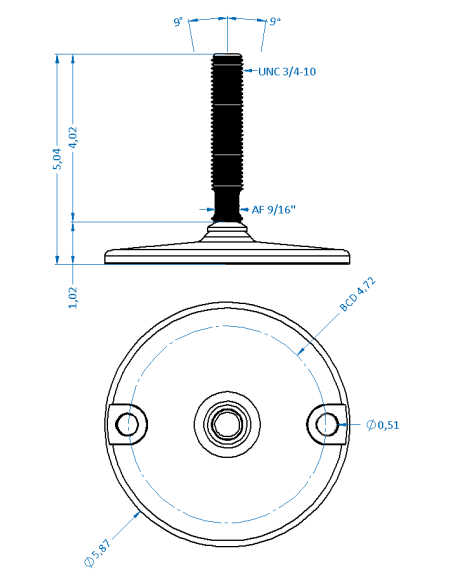 Machine foot HXJ150-UNC 3/4 x 4, AISI 304, Solid, 2 fixations