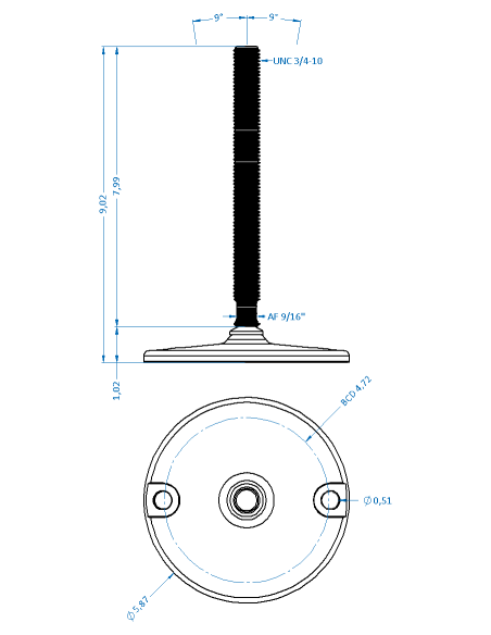 Machine foot HXJ150-UNC 3/4 x 8, AISI 304, Solid, 2 fixations