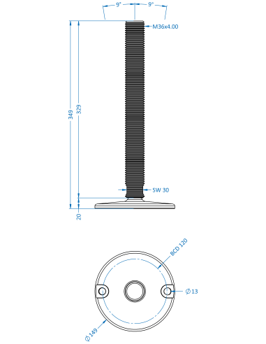 Machine foot HXJ150-M36 x 310, AISI 304, Solid, 2 fixations