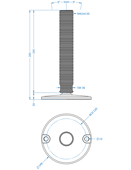 Machine foot HXJ150-M42 x 230, AISI 304, Solid, 2 fixations