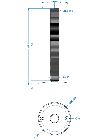 Machine foot HXJ150-M42 x 310, AISI 304, Solid, 2 fixations