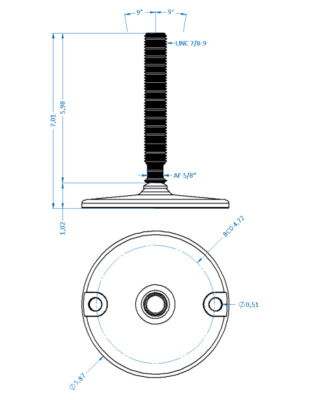 Machine foot HXJ150-UNC 7/8 x 6, AISI 304, Solid, 2 fixations
