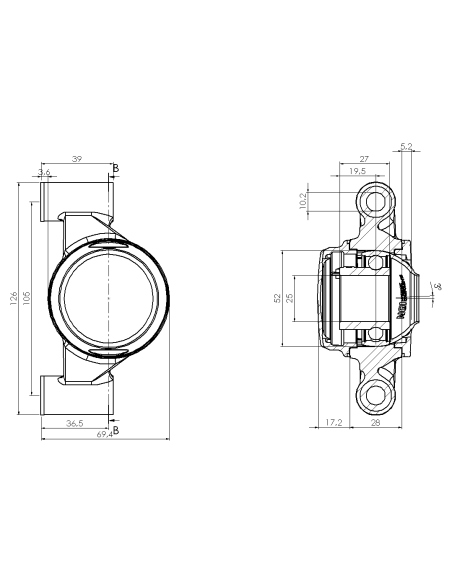 Bearing house XBPBC52(White)-CSB25 mm(Front)-CM(White)-OS(White)