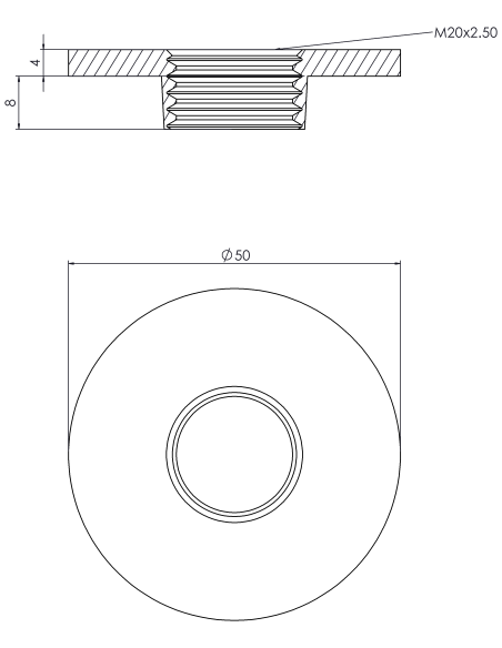 Welding plate round Ø50x4, M20, AISI 316