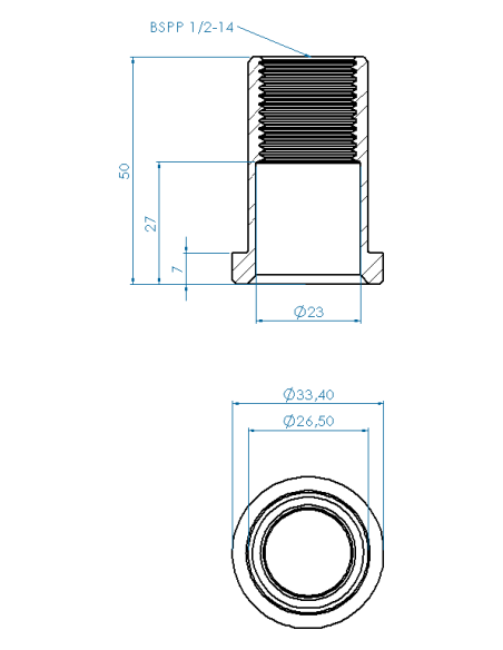 Threaded insert TIRC Ø33.40x7, 26.50x43, BSPP 1/2-14, 23, AISI 304