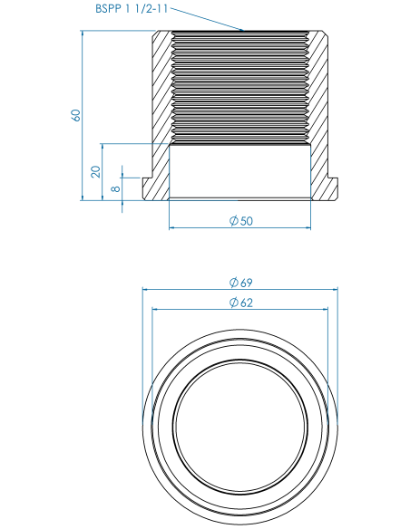 Threaded insert TIRC Ø69x8, 62x52, BSPP 1 1/2-11, 40, AISI 304
