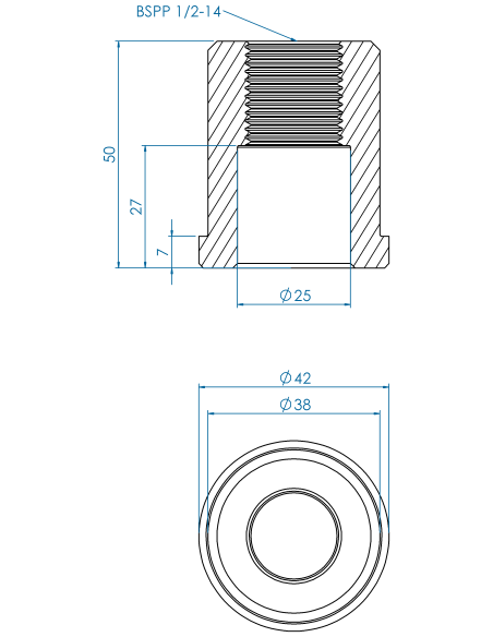 Threaded insert TIRC Ø42x7, 38x43, BSPP 1/2-14, 23, AISI 304