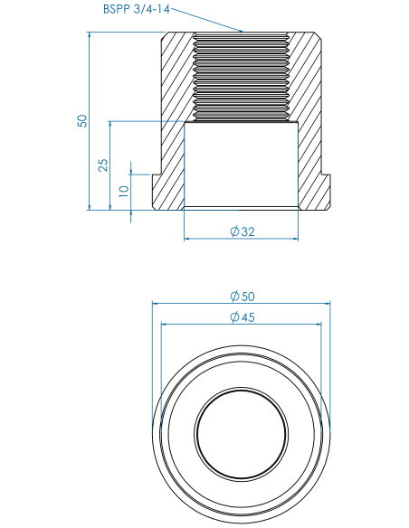 Threaded insert TIRC Ø50x10, 45x40, BSPP 3/4-14, 25, AISI 304