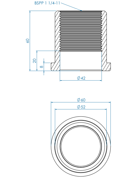 Threaded insert TIRC Ø60x8, 52x52, BSPP 1 1/4-11, 40, AISI 304