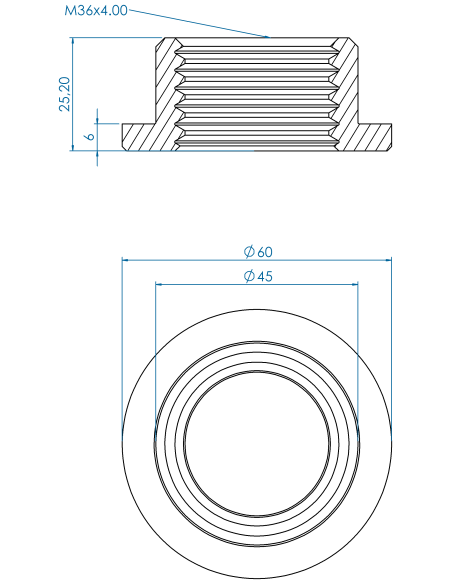 Threaded insert TIR Ø60x6, 45x19.20, M36, AISI 304