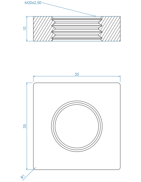 Welding plate WFQ, 35x35x10, M20, AISI 304