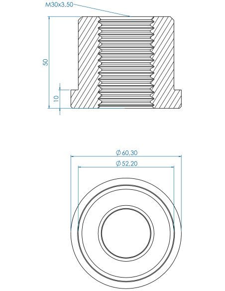 Threaded insert TIR Ø60.30x10, 52.20x40, M30, AISI 304, 2" Sch. 40
