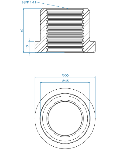 Threaded insert TIR Ø55x10, 45x30, BSPP 1-11, AISI 304