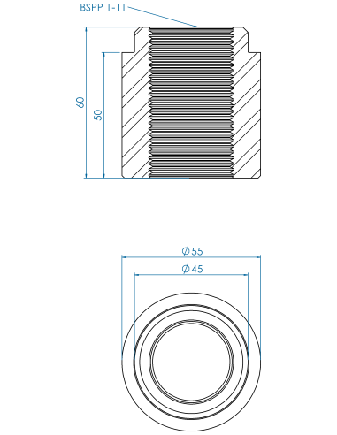 Threaded insert TIR Ø55x50, 45x10, BSPP 1-11, AISI 304