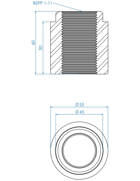 Threaded insert TIR Ø55x50, 45x10, BSPP 1-11, AISI 304