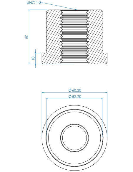 Threaded insert TIR Ø60.30x10, 52.20x40, UNC 1-8, AISI 304, 2" Sch. 40