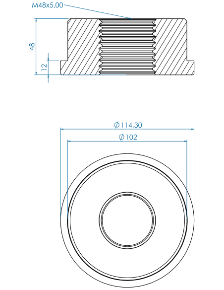 Threaded insert TIR Ø114.30x12, 102x36, M48, AISI 304, 4" Sch. 40