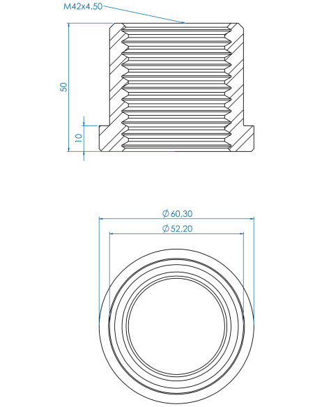 Threaded insert TIR Ø60.30x10, 52.20x40, M42, AISI 304, 2" Sch. 40