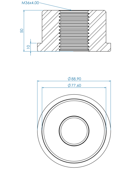 Threaded insert TIR Ø88.90x10, 77.60x40, M36, AISI 304, 3" Sch. 40