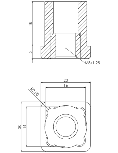 Threaded bushing PTIQ, 20x20x2.0, M8