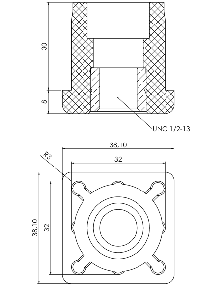 Threaded bushing PTIQ, 1,5x1,5x0,12", UNC 1/2