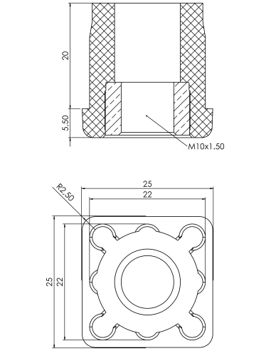 Threaded bushing PTIQ, 25x25x1,5, M10