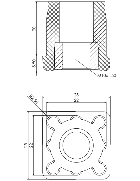 Threaded bushing PTIQ, 25x25x1,5, M10