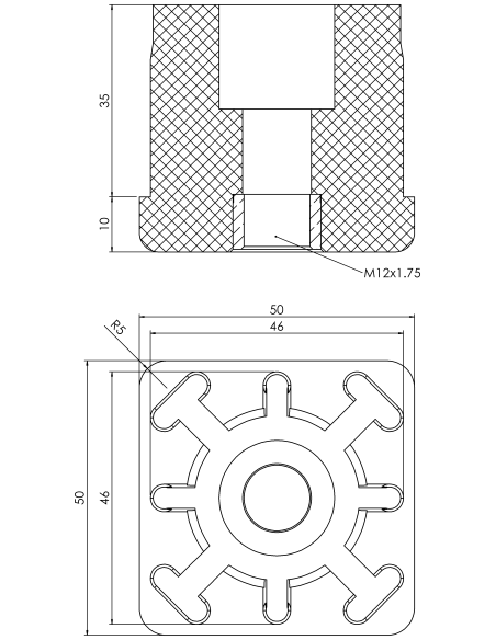Threaded bushing PTIQ, 50x50x2, M12
