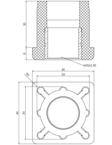 Threaded bushing PTIQ, 40x40x3, M20