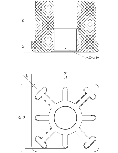 Threaded bushing PTIQ, 60x60x3, M20