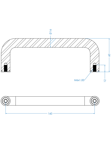 Handle UHX 160x60, M6, Blue NBR, AISI 316