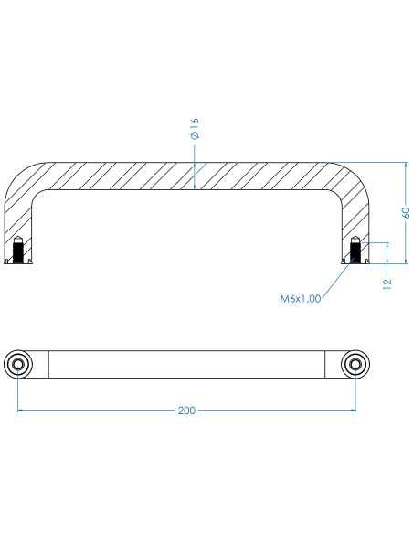 Handle UHX 200x60, M6, Blue NBR, AISI 316