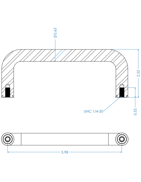 Handle UHX 152x64, UNC 1/4, Blue NBR, AISI 316