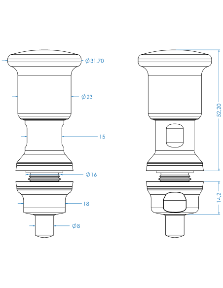 Plunger IPXH8, no lock, AISI 316, Blue NBR