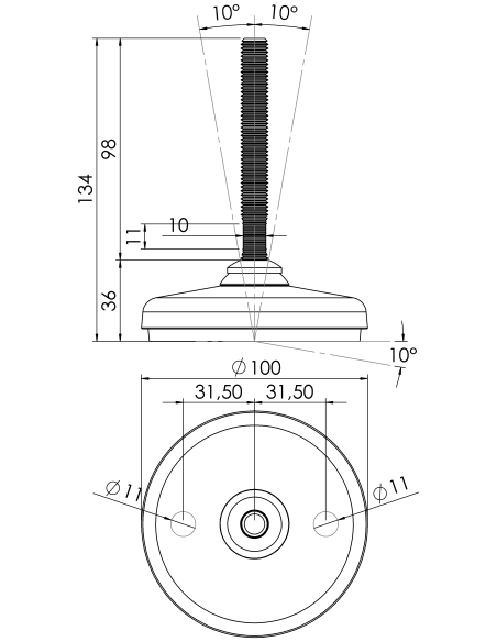 Machine foot HP100-M12 x 100, AISI 304