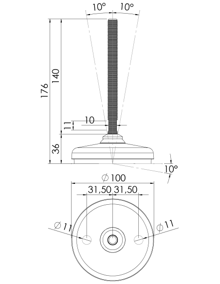 Machine foot HP100-M12 x 150, AISI 304