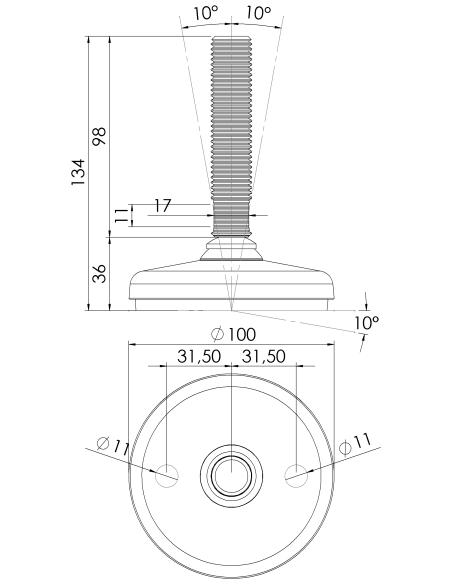 Machine foot HP100-M20 x 100, AISI 304