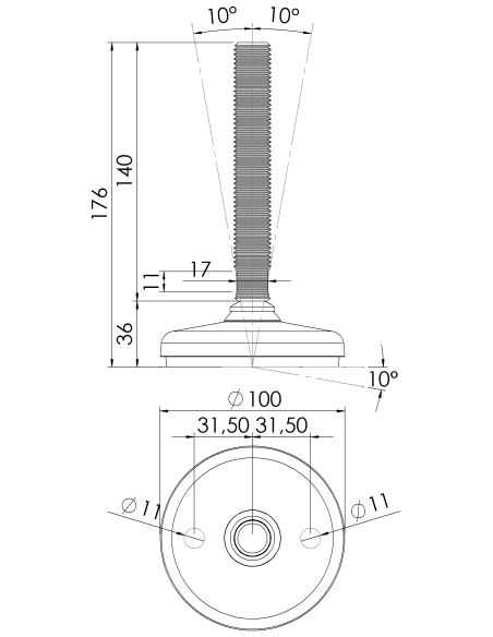 Machine foot HP100-M20 x 150, AISI 304