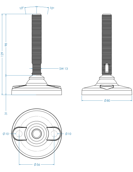 Machine foot HPA-FIX81-M16 x 100, AISI 304, 2 fixations