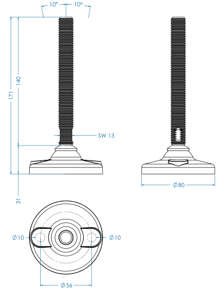 Machine foot HPA-FIX81-M16 x 150, AISI 304, 2 fixations