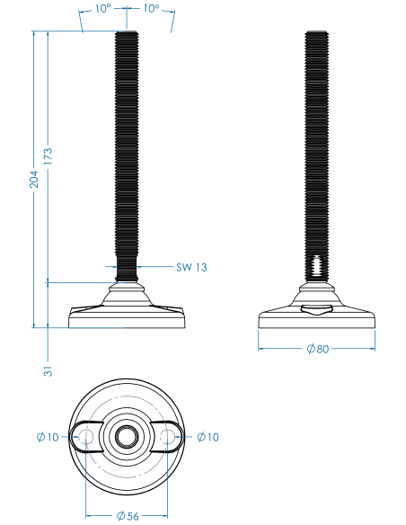 Machine foot HPA-FIX81-M16 x 180, AISI 304, 2 fixations