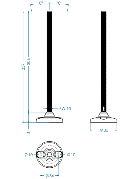 Machine foot HPA-FIX81-M16 x 310, AISI 304, 2 fixations
