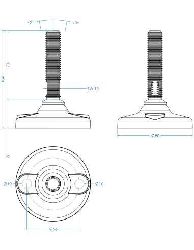 Machine foot HPA-FIX81-M16 x 70, AISI 304, 2 fixations