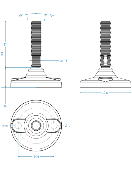 Machine foot HPA-FIX81-M16 x 70, AISI 304, 2 fixations