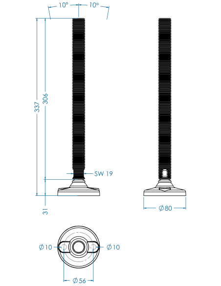 Machine foot HPA-FIX81-M24 x 310, AISI 304, 2 fixations