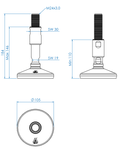 Machine foot XH105-M24 x 150/85-M24 x 50, AISI 304, Black NBR 2