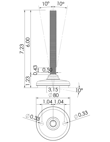 Machine foot HP80-UNC 5/8 x 6, AISI 304