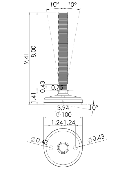 Machine foot HP100-UNC 1 x 8, AISI 304