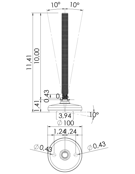Machine foot HP100-UNC 3/4 x 10, AISI 304