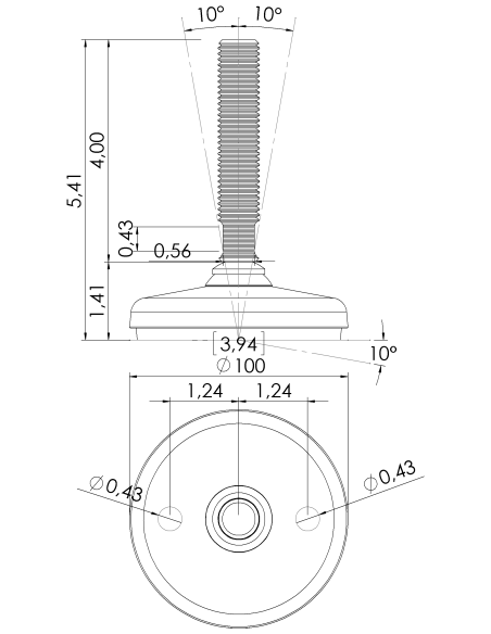 Machine foot HP100-UNC 3/4 x 4, AISI 304
